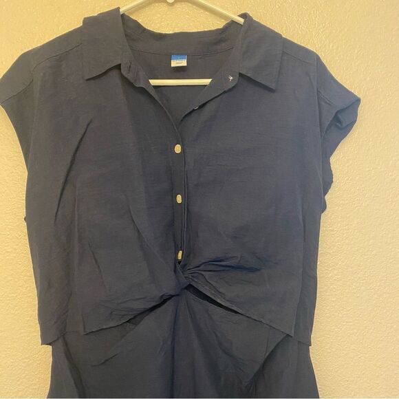 Old Navy Waist-Defined Twist-Front Midi Shirt Dress rayon linen nylon blend L - Picture 6 of 12